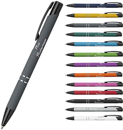 Personalisierter Kugelschreiber - Geschenk für Kollegen & Freunde zu Weihnachten - Stift mit langlebiger blauschreibende Mine - persönliches Geschenk zum Geburtstag (Grau-Gummiert)