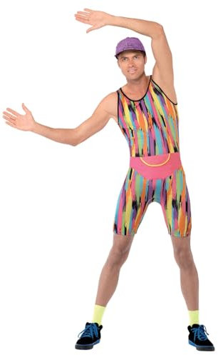 Smiffys Aerobic Lehrer Kostüm, Mehrfarbig, mit Bodysuit, Hut und Hüfttasche, XL