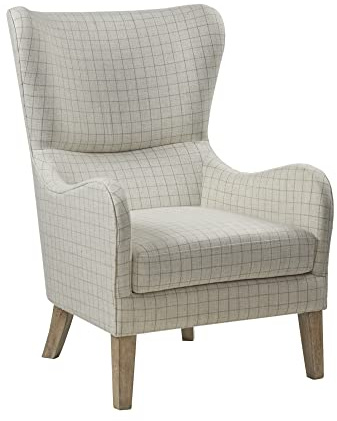 Madison Park Arianna Upholstered High Wingback Accent Chair with Solid Wood Legs and Rounded Arms, Pipped, Chic Transitional, Plaid Fabric Padded Cushion Seat Bedroom Lounge Comfy for Reading, Linen