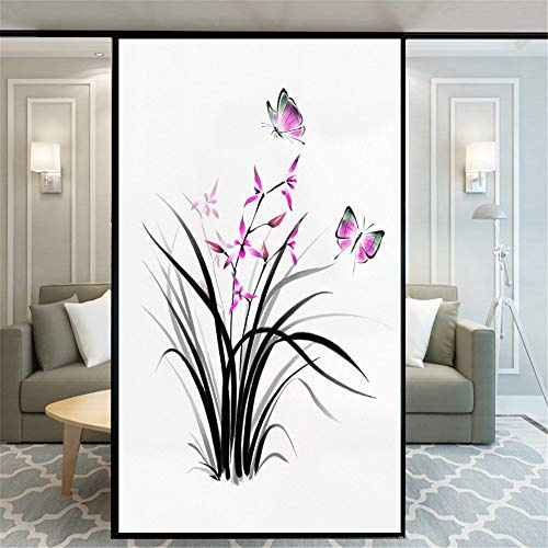 Glasmalerei Fensterfolie Sichtschuzfolie Dekorfolie Privatsphäre Milchglasfolie Statisch Haftend Orchideen-Gras Fensteraufkleber 70 x 100 cm