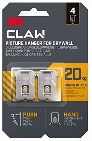 3M Claw Ganci da parete per appendere quadri in cartongesso, 4 ganci, portata fino a 20 kg, ideali per oggetti pesanti