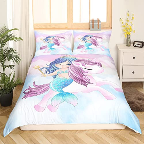 Homemissing Sirène Licorne Parure Housse de Couette Dessin Animé Sirène de Lit 220x240cm pour Enfants Garçons Filles Mignon Licorne Housse de Couette Faune avec 2 Taies d'oreiller, Multicolore 37