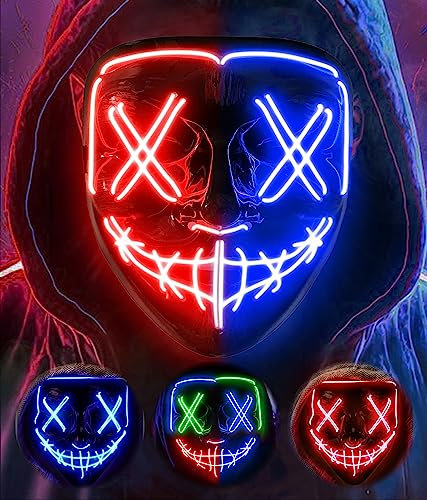 AnanBros Halloween Maske, LED Maske im Dunkeln Leuchtend, 3 Beleuchtungsmodi für Kostümspiele Cosplays Feste und Partys (Blau-rot Gemischt)