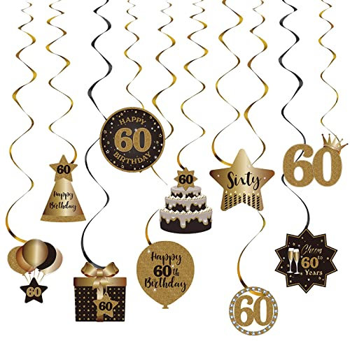 Happy 60th Birthday Party Hanging Swirls Streams Deckendekorationen, Celebration 60 Foil Hanging Swirls mit Ausschnitten für 60 Jahre alte Geburtstagsfeier-Dekorationen in Schwarz und Gold