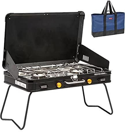 CAJOLI Outdoor Doppelloch-Camping-Gasherd, Feldgasherd tragbarer Camping-Feuerofen, geeignet für das Kochen von Familien Tisch, Außenbeschläge