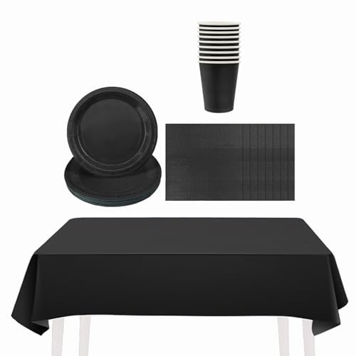53P Solid Color Black Tableware Set Decor,20 Paper Napkins 16 Cups Plates in Black,1P Large Plastic Tablecloth Disposable Dinnerware Kit for Him Her Men Women Adults Kids Party Dinnerware Supplier