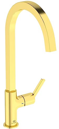 Ideal Standard – Gusto Mitigeur de cuisine, Bec carré en C, avec la cartouche FirmaFlow, bec pivotant à 360°, facile à installer avec la fixation EasyFix+, Brushed Gold