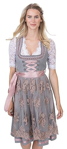Schöneberger Trachten Couture Exclusivo traje tirolés de diseño con delantal de encaje bordado a mano – Dirndl Jacquard en gris/rosa viejo Sophie, Gris/Rosa Viejo, 38