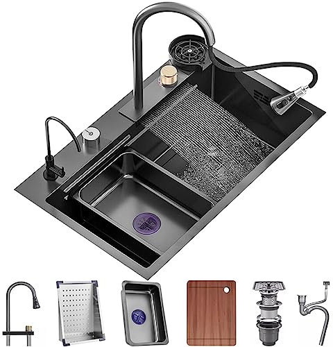 Fregadero de Cascada de un Solo tazón Fregadero de Cocina de Acero Inoxidable Fregadero de estación de Trabajo con Nano Revestimiento con Grifo extraíble y arandela de Taza