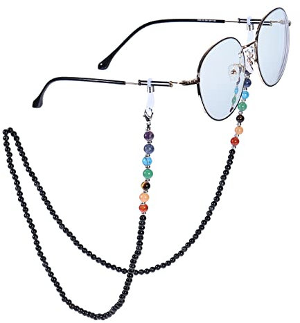 Nupuyai 7 Chakra Obsidian Crystal Stone Beaded Eyeglass Chain for Women, Ladies Sunglass Chain Face Mask Chain Eyeglass Cord Band Myopia Reading Glass Chain