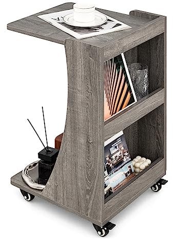CASART Mobile End Tables, C-Shaped Sofa Side Tables with Wheels & Shelves, Vintage Wood Snack Tray Table Narrow Bedside Tables for Living Room Bedroom Office Bathroom (Grey)