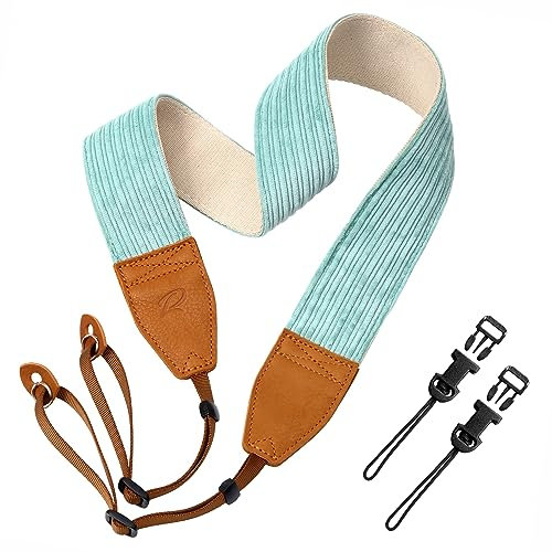 Padwa Lifestyle Sangle pour appareil photo en velours côtelé vert menthe – Sangle double couche en cuir de vache pleine fleur de 5,1 cm pour photographes, tissu velours côtelé doux unique avec
