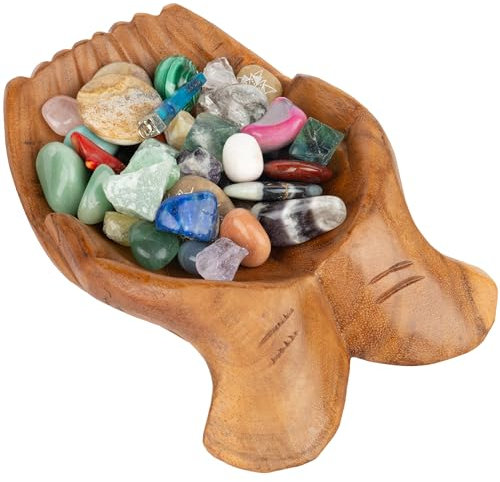 Curawood Carved Hands Offering Bowl - Showcase Your Healing Stones - Crystal Holder for Stones - Key Bowl - Crystal Storage Tray - Decorative Hand Bowl for Rock Display - Crystal Shelf Display, Large