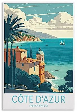 Cote D'azur Französische Riviera, Vintage-Reiseposter, 40 x 60 cm, Leinwanddruck für Wohnzimmer, Schlafzimmer, Wohnheim, Zuhause, Büro, Wanddekoration