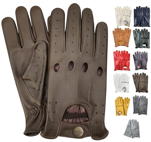 PSS Lederhandschuhe Autofahren Herren Männer Fahrer Lenkrad Chauffeur Handschuhe echtes Leder Autohandschuhe mit Loch Atmungsaktive ohne Futter Sommer Winter, Ref 507, Braun Größe L