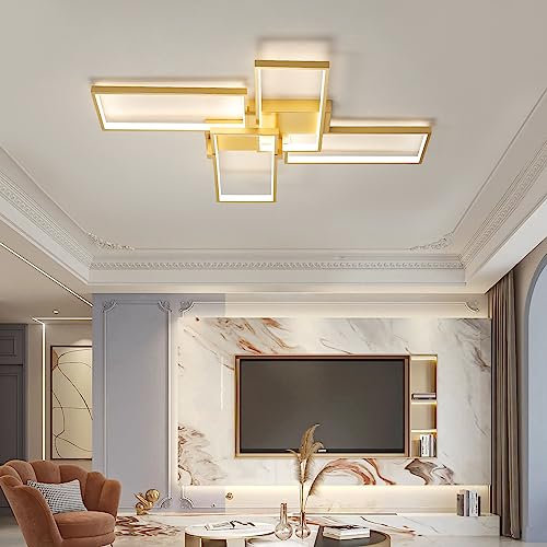 Deckenlampe LED Deckenleuchte dimmbar mit Fernbedienung Schwarz Wohnzimmerlampe Metall Geometrisch Wandlampe für Schlafzimmer Esszimmer Wohnzimmer Arbeitszimmer Büro Pendelleuchte (Gold, L60cm)