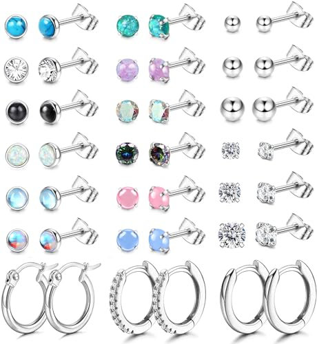 JeweBella 21Pairs Kleine Ohrstecker Chirurgenstahl Damen Flatback Ohrringe Hypoallergen Zirkonia Stern Opal Mondstein Knorpel Ohrringe Set Silber Creolen Piercing Ohrstecker für Mehrere Ohrlöcher