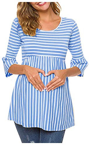 TDEOK Mode de Grossesse Hiver Maternité Manches 3/4 Blouse Pagode Col O Haut Pull pour Femmes Enceintes Blouse de Maternité Rayé Mères Commandes Veuillez (Bleu, M), bleu, M