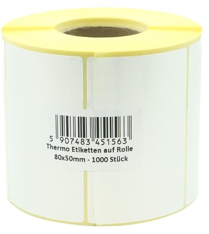 MD Labels Étiquettes thermiques 80 x 50 mm blanches en rouleau 1000 pièces Adhésif permanent, pour codes-barres, étiquettes adhésives blanches pour étiquetage