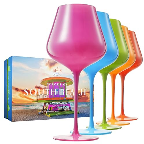 City of Miami, South Beach farbiges Weinglas-Set, 590 ml, 5 Stück, Reisende, Entdecker, Strandgeschenk, besondere Feiern, Trinkgeschirr für Rot- und Weißwein, einzigartiger Stil, Glas mit hohem Stiel