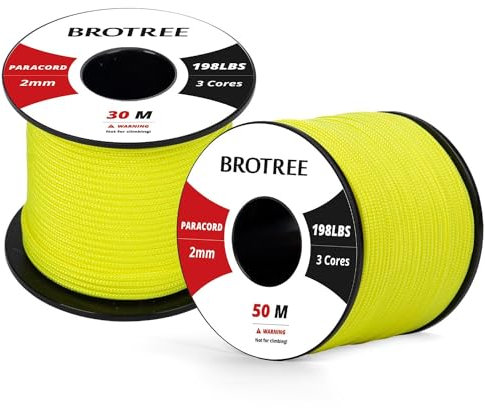 Brotree 2mm Paracord 3 Fili 50M 100% Nylon Corda da Paracadute per All'aperto, Artigianato, Fatto a Mano - 90kg Carico di Rottura (Neon Giallo)