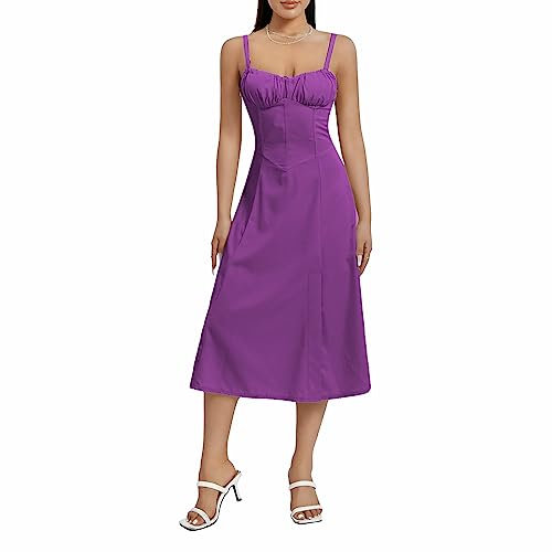 Qianderer Robe longue bustier Y2K à col carré pour femme, coupe basse, sans manches, d'été, robe mi-longue, corset pour sortir, robe d'été, Violet Aa, S