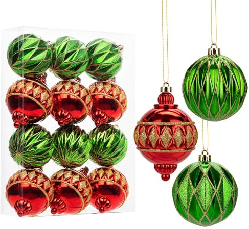 Hollyone 12PCS Gold-edged Christmas Baubles, 8CM/3.1’’ Red & Green Xmas Balls for Tree Decorations, Glitter Christmas Balls Holiday Hanging Ornaments, Tree Balls for Wedding, Party, Table