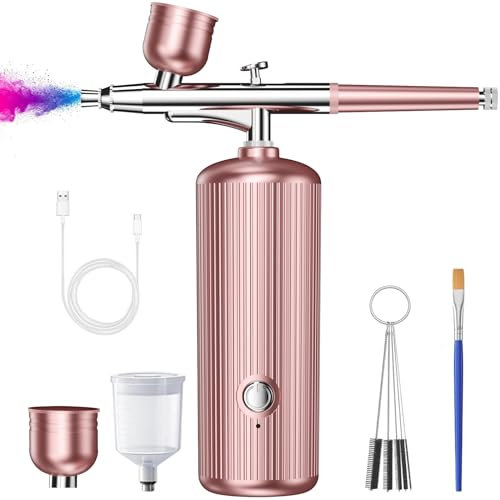 Airbrush Kit with Compressor, 48PSI Cordless Non-Clogging High-Pressure Air Brush Gun with 0.3mm Nozzle and Cleaning Brush Set for Graffiti Painting, Nail Art, Makeup, Cake Decor (Pink)
