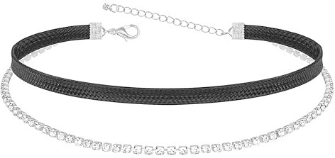 Heveer Leder Halskette Halsband Doppellagige Halskette mit Diamant Verstellbare Gothic Choker für Damen Mädchen Schwarz