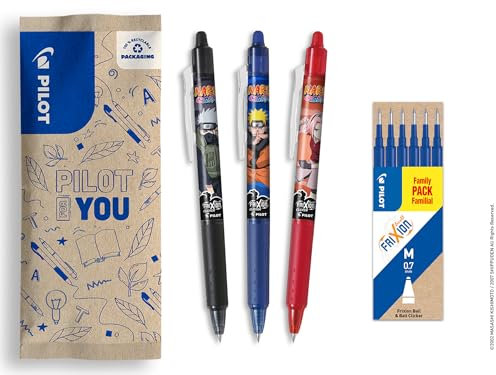 PILOT Naruto FriXion Ball Clicker, 3 Stück, Schwarz, Blau, Rot + 1 Set mit 6 blauen Ersatzminen, löschbarer Kugelschreiber, Naruto Shipudden Limited Edition, einziehbarer Kugelschreiber, mittlere