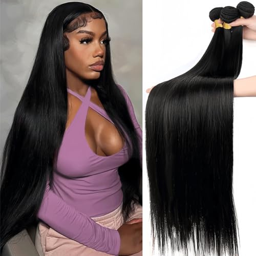 12A Straight Bundles Human Hair 16 18 20 Inch for Black Women | 100% Unprocessed Brazilian Virgin Hair Straight 3 Bundles Human Hair Weave Bundles Natural Color