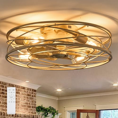 MOSSCO Caged Ceiling Fans with Lights and Remote, Fan Reversible 6 Speeds, Quiet Enclosed Bladeless Fan Lights Ceiling for Bedroom, Flush Mount Low Profile Ceiling Fan Light 50CM