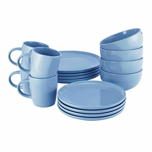 ProCook Stockholm Blue Dinner Set with Mugs Stoneware Scandinavian Style Flat Base Dishwasher, Microwave & Oven Safe Dinnerware 16 Piece, 9.5/15.5/21/27 cm