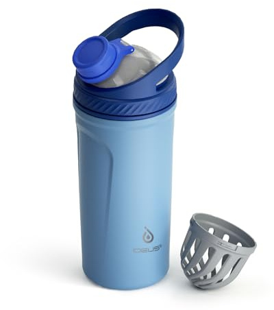Ideus Shaker Protein Trinkflasche 700ml (24oz),Doppelwandig Edelstahl Sportflasche mit Mischkugel, Metall Eiweiß Flasche mit Mischkugel, BPA frei, auslaufsicher Schraubverschluss (Morgenblau)
