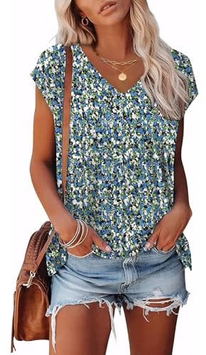 Sampeel Ladies Summer Tops for Women UK T-Shirt for Women V Neck Cap Sleeve Tee Womens Vest Tops Pattern Size 6-8