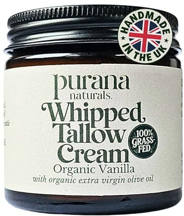 Whipped Tallow Cream - Grass-Fed, Halal Beef Tallow Skincare with Organic Olive Oil - Seed Oil Free, Face Cream & Body Moisturiser for Dry Skin & Eczema Relief (60ml, Organic Vanilla)