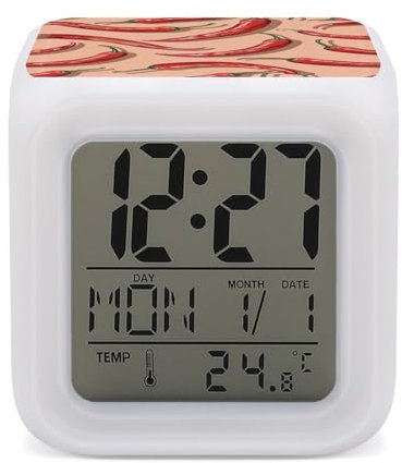 HJUQNGF Wecker mit kleinem LED-Display, digitaler Wecker mit Chili-Pfeffer-Muster, bunte Uhr, elektronische Uhr mit 7 Umgebungsbeleuchtung, Schlaf-Timer für Schlafzimmer, einfache Bedienung
