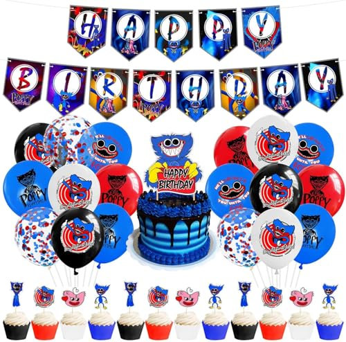 EWHO Poppy Playtime Huggy-Wuggy Birthday Party Balloons Banner Cake Topper Set Decor