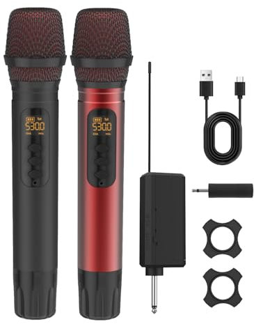 ROUWU Wireless Microphones, UHF Metal Dual Handheld Cordless Dynamic Karaoke Microphone Wireless, 1/4 Output for Rechargeable Wireless Microphone,Suitable for Wedding, Party, Speech,Class Use, 240ft