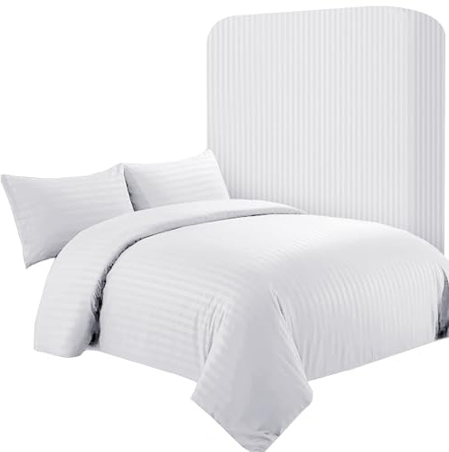 AR Ware Super King Satin Stripe Duvet Cover Set – 4 Pcs White Soft, Hotel-Style Bedding Set with 2 Pillowcases and 1 Fitted Sheet