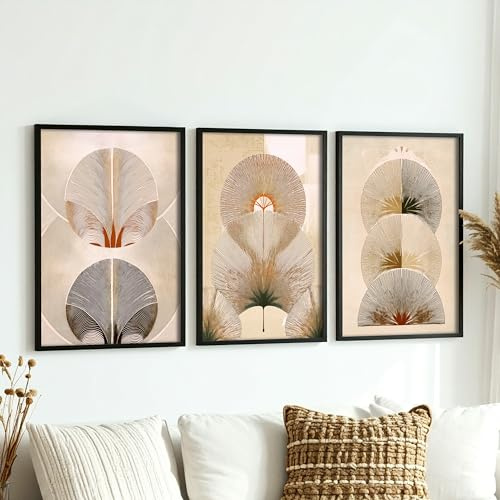 DUOMIO Moderne Wandbilder im 3er-Set (optional) mit Rahmen – Stilvolle Wanddekoration – Boho Wall Art - Abstrakte Blumen Bilder Beige-Töne - Wandkunstdruck für Büro & Wohnzimmer