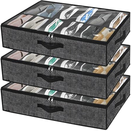 APACALI Under Bed Shoe Storage Set of 3, Fits 36 Pairs Total, Under Bed Shoe Storage Oorganiser with Lid & Handles, Foldable Underbed Shoe Storage Box, Black