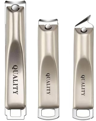 Set de 3 Coupe Ongles Professionnel Avec Lame Grande Taille Moyenne Et Biseautée en Acier Carbone et Inox Couleur Champagne Pour Ongles Mains et Pieds Durs et Épais
