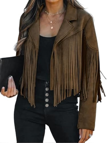 Bibowa Faux Leather Jackets For Women Trendy Cowgirl Outfits Fall Western Fringe Cropped Jacket 2026 Tassel Motorcycle Crop Coats Winter Dark Brown M