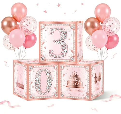 Deko 30 Geburtstag Frau, 3er Set Roségold Deko 30. Geburtstagsdeko Boxen, 30 Jahre Partyartikel Pappboxen, 30 Geburtstag Frauen Deko Kubus Boxen Tischdekoration für Dame