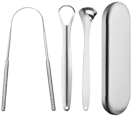 AEUXZA Set di 3 Pulisci Lingua in Acciaio Inox con Custodia in Metallo, Raschietto Linguale per Alito Fresco e Igiene Orale, 3 Forme Diverse contro la Placca Linguale, Argento