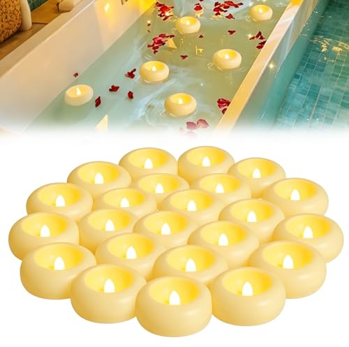 24 Bougies Flottantes LED, 7,3 cm Bougies LED Flamme Vacillante Étanches pour Piscine, Bain et Fontaine, Bougie Flottante Chauffe Plat LED, 200 Heures d’Autonomie
