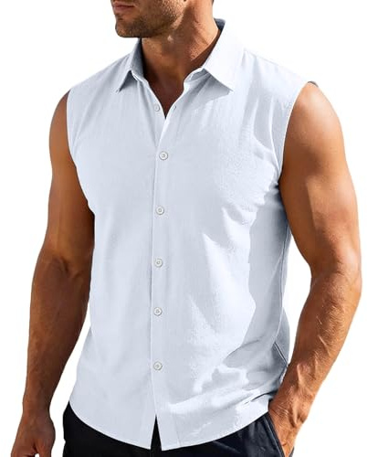 Herren Ärmellos Sommer Freizeithemd Leicht Baumwolle Leinenhemd Casual Einfarbig Tank Top Vintage Button Down Oberteile Einfarbig Leinen Sommerhemd Shirts Strand Hemd Arbeitsshirt