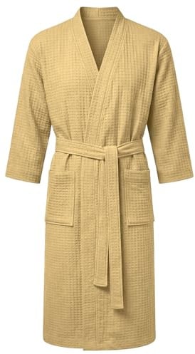 AUYAO Peignoir de Bain Homme et Femme, Peignoir Léger et Doux, Robe de Chambre avec Poches, Ceinture, Sortie de Bain Gaufré Homme, Vêtements de Nuit pour Hommes, Lin, XL