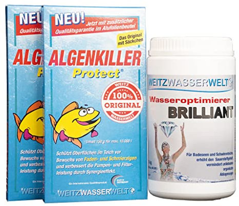 SCHWIMMTEICHKLAR SPARSET - Brilliant reduziert giftige Faulgase, fördert Bakterientätigkeit & unterstützt biologische Selbstreinigung des Wassers - ALGENKILLER Protect® stark gegen Algen & Algenwuchs